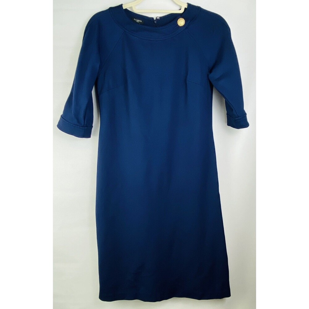 Talbots Size 4P Navy Blue Nautical Retro Dress 3/4 Sleeves Knit Gold Button